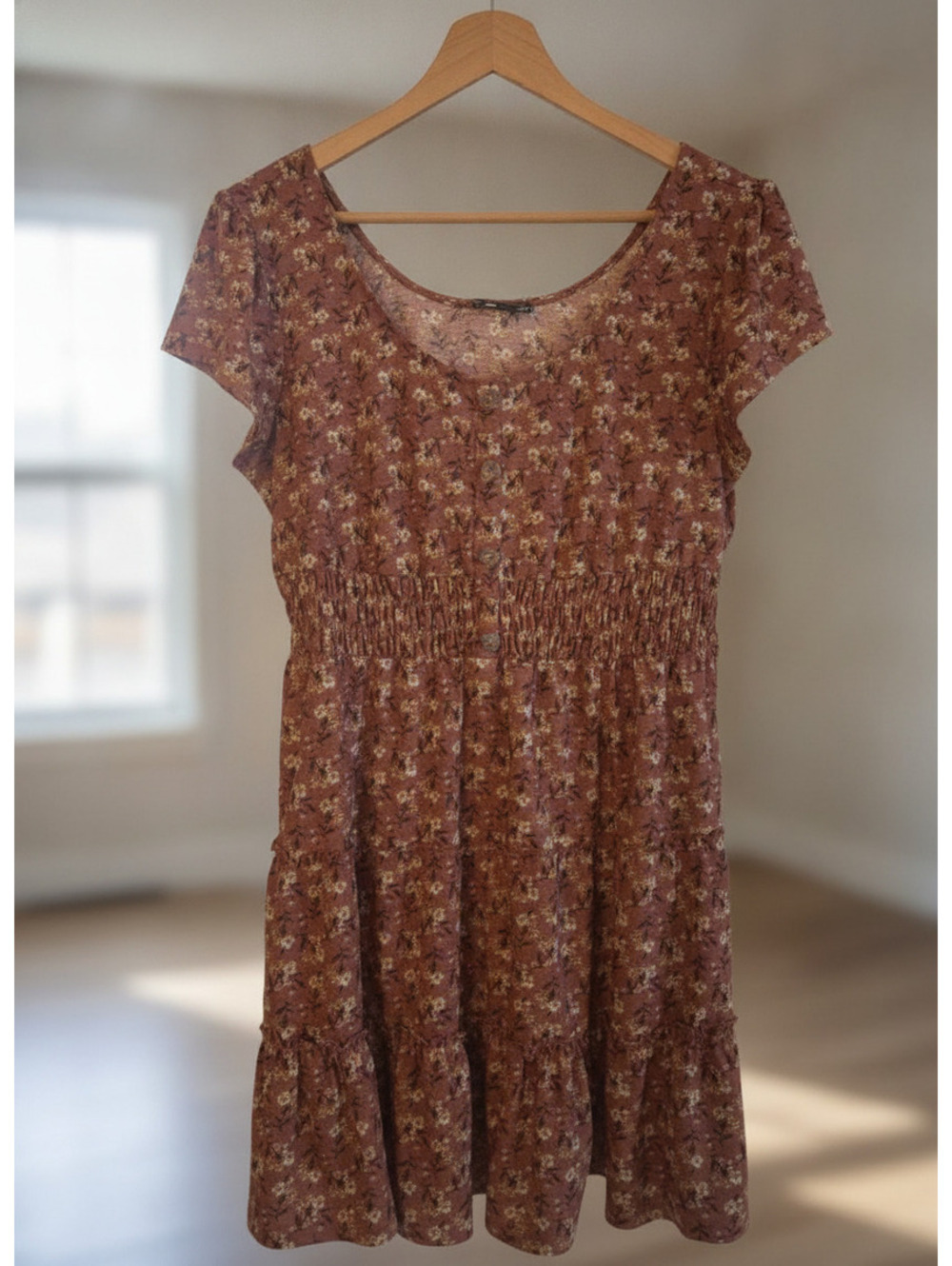 As U Wish XL Floral Short Sleeve Dress with Button and Smocked Waist